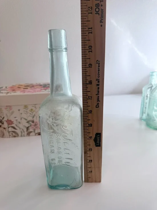 Antique Embossed Aqua Glass Bottle - Salad Oil - Picture 2 of 6